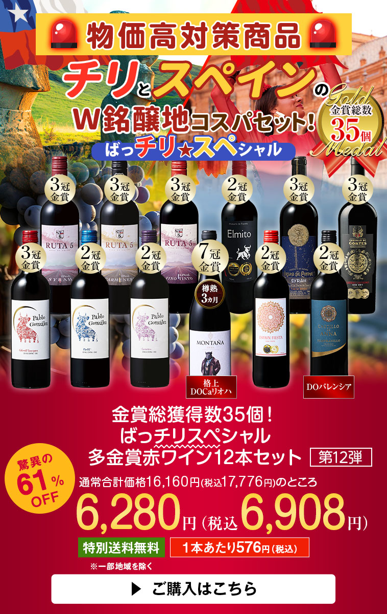 金賞総獲得数36個！ばっチリスペシャル多金賞赤ワイン12本セット