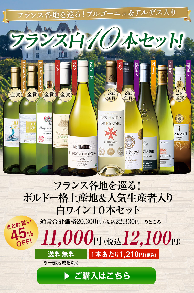 フランス各地を巡る!ボルドー格上産地&人気生産者入り白ワイン10本セット
