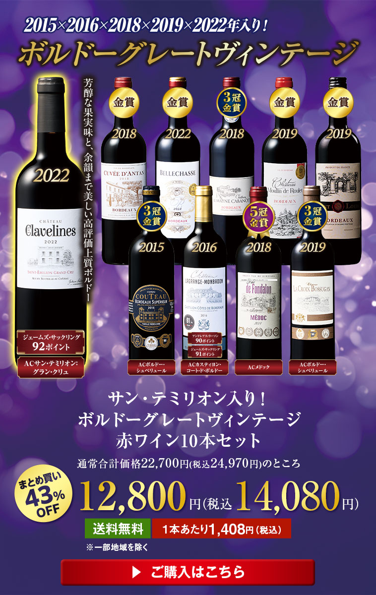 サン・テミリオン入り！ボルドーグレートヴィンテージ赤ワイン10本セット