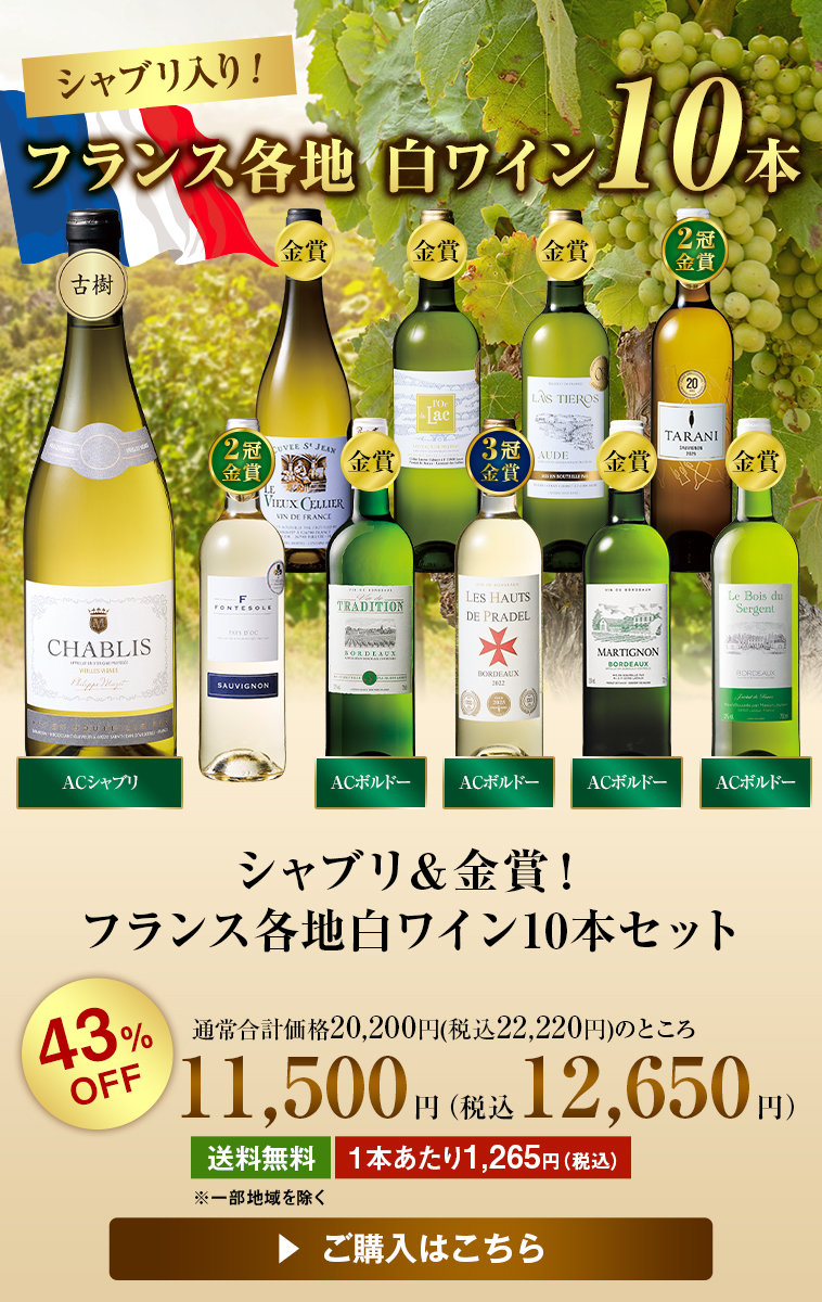 シャブリ&金賞!フランス各地白ワイン10本セット
