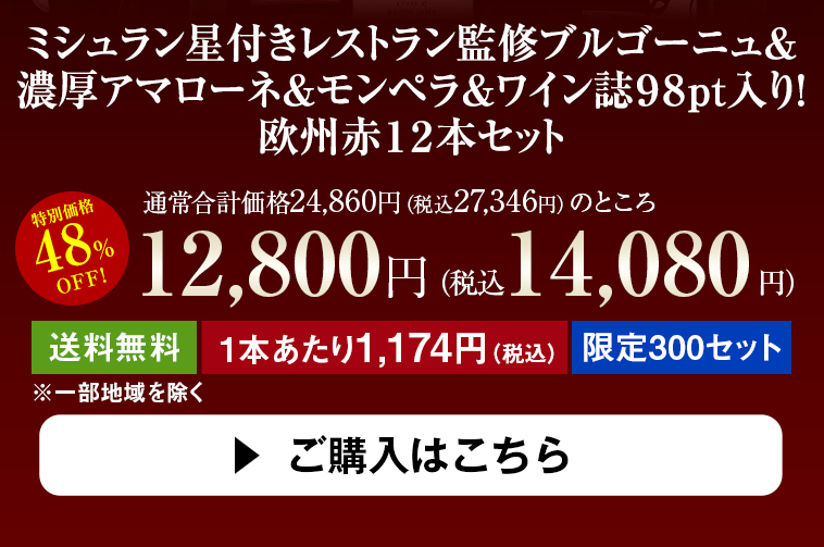 ミシュラン星付きレストラン監修ブルゴーニュ＆ 濃厚アマローネ＆ワイン誌９８pt入り！ 欧州赤１１本セット 