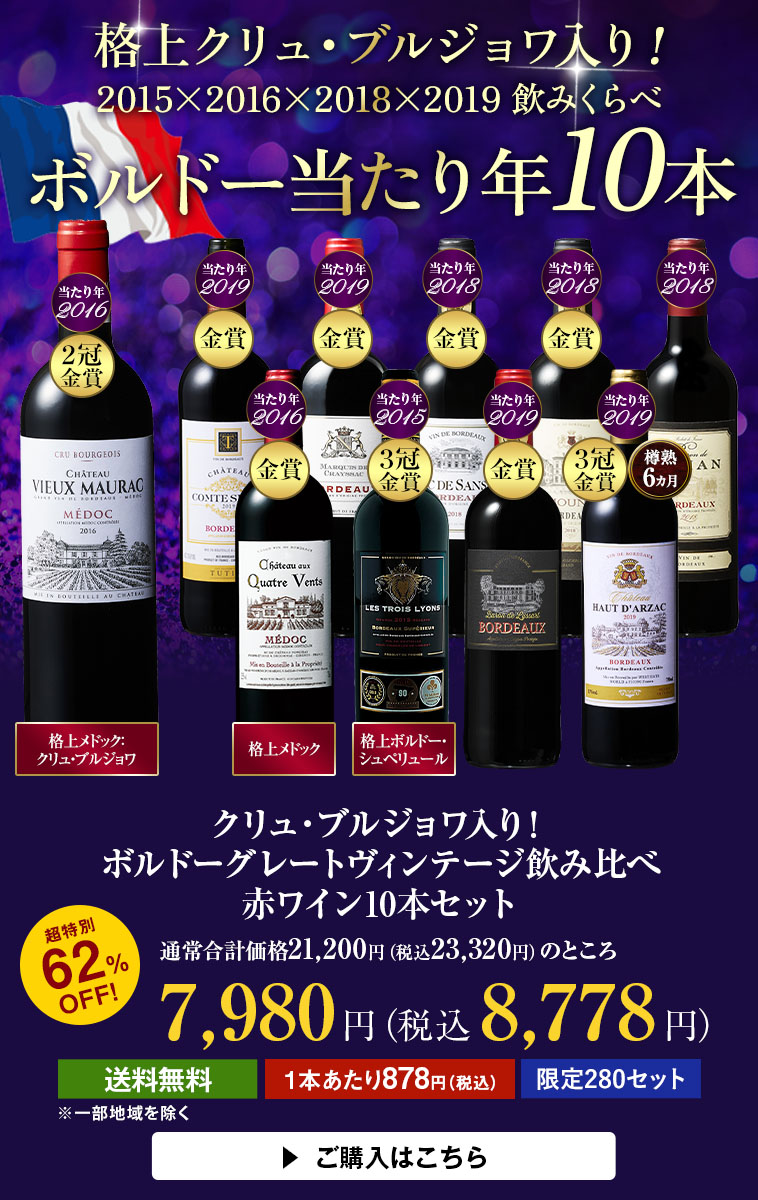 【62％OFF】クリュ・ブルジョワ入り！ボルドーグレートヴィンテージ飲み比べ赤ワイン１０本セット