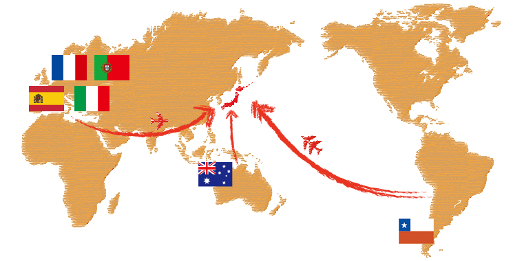 フランス、イタリア、スペイン、ポルトガル、スロヴェニア、チリ