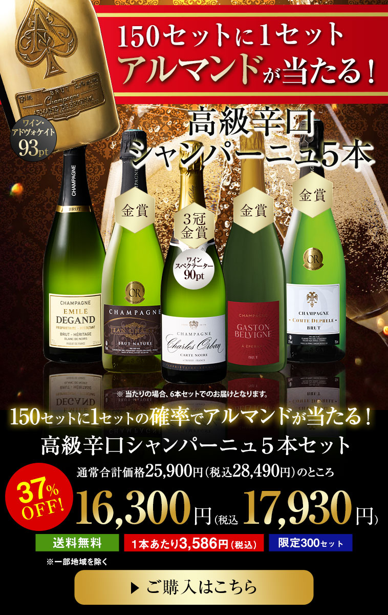 150セットに1セットの確率でドン・ペリが当たる！高級辛口シャンパーニュ５本セット