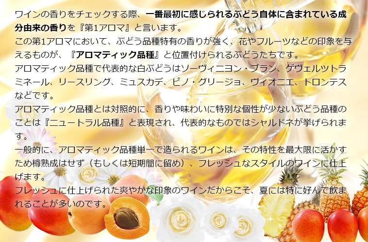ワインの香りをチェックする際、一番最初に感じられるぶどう自体に含まれている成分由来の香りを『第1アロマ』と言います。この第1アロマにおいて、ぶどう品種特有の香りが強く、花やフルーツなどの印象を与えるものが、『アロマティック品種』と位置付けられるぶどうたちです。