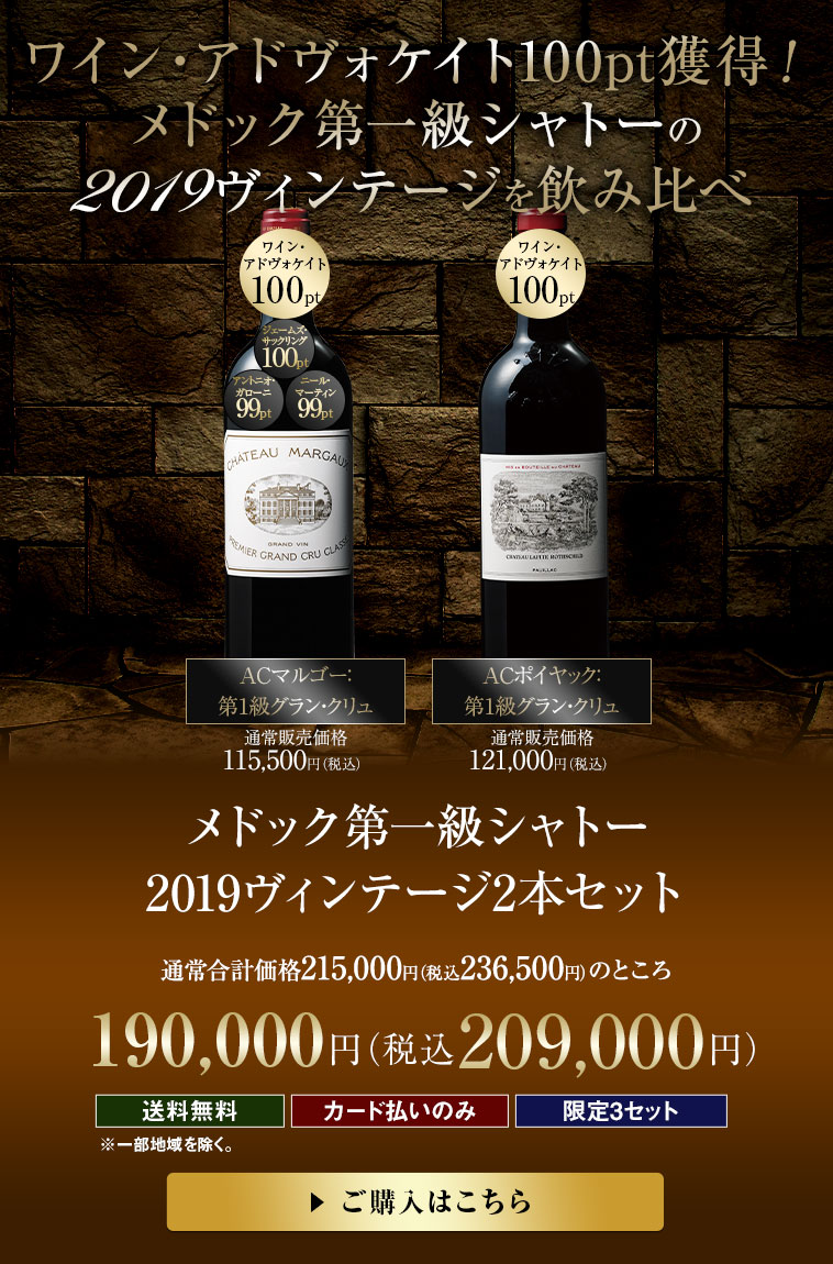 ワイン・アドヴォケイト100pt獲得！メドック第一級シャトー2019ヴィンテージ2本セット