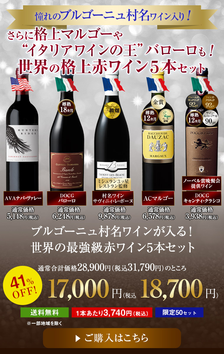 ブルゴーニュ村名ワインが入る！世界の最強級赤ワイン5本セット