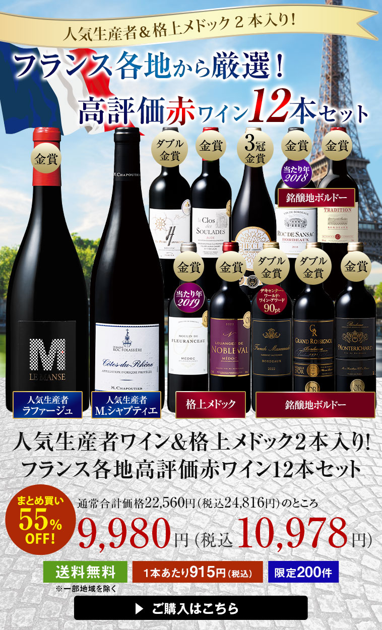 人気生産者＆格上メドック2本入り！フランス各地から厳選！高評価赤ワイン12本