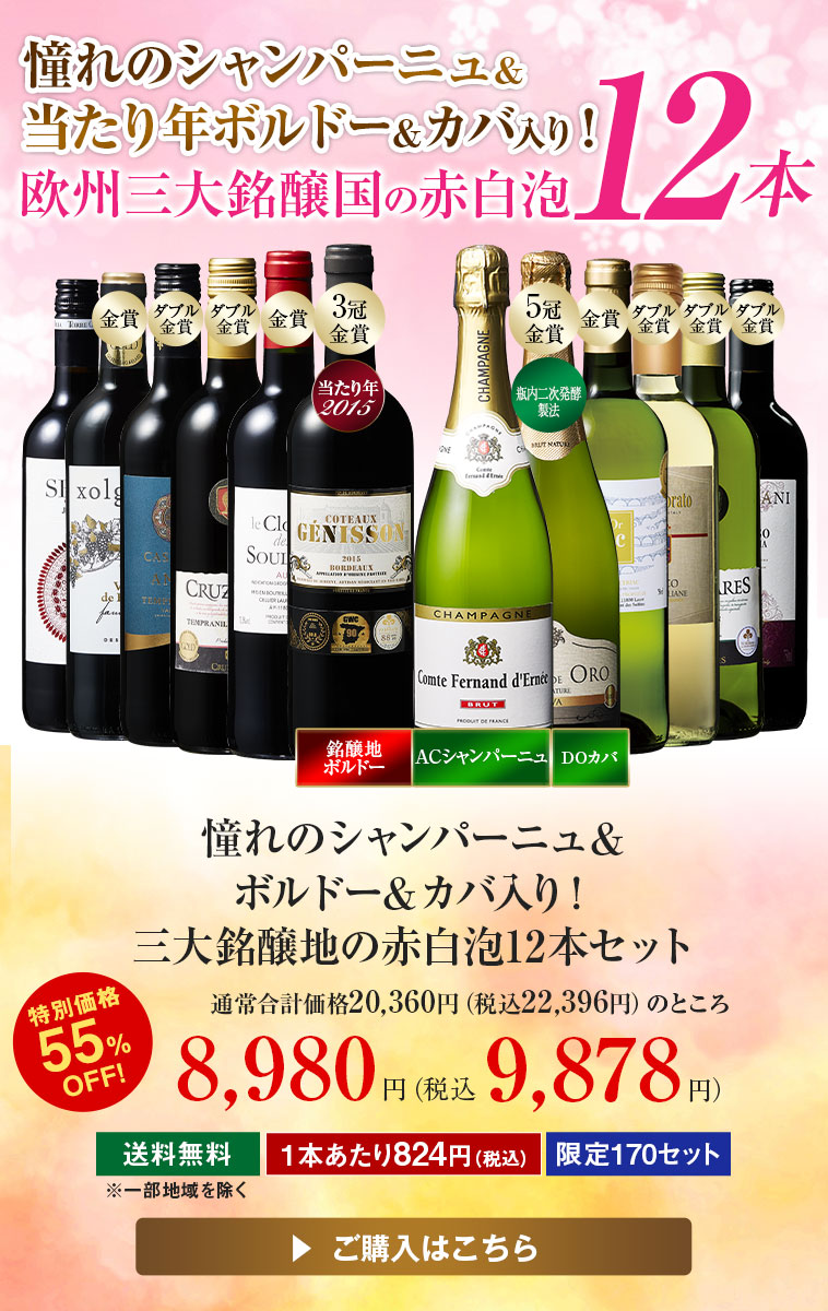 憧れのシャンパーニュ＆ボルドー＆カバ入り！三大銘醸地の赤白泡12本セット