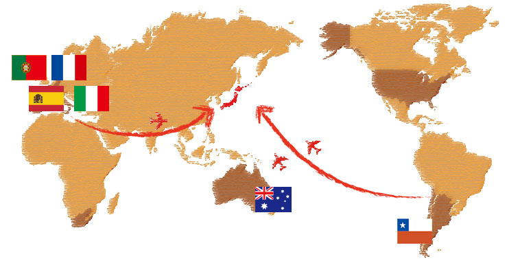 フランス,イタリア,スペイン,ポルトガル,オーストラリア,チリ