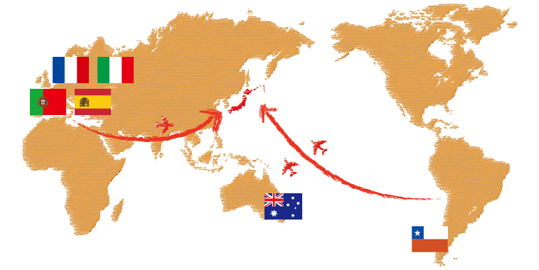 フランス,イタリア,スペイン,ポルトガル,チリ,オーストラリア
