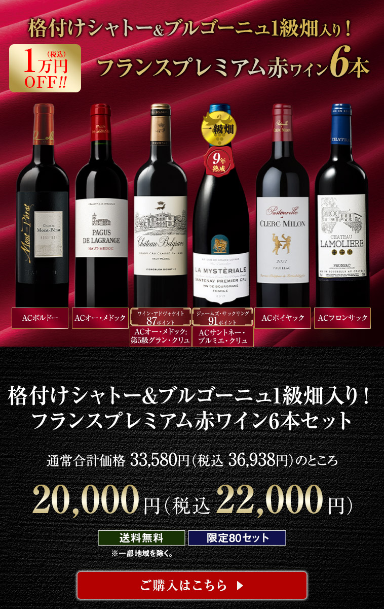 格付けシャトー&ブルゴーニュ1級畑入り！フランスプレミアム赤ワイン6本セット